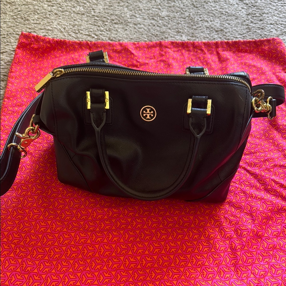 Tory Burch Black Purse with Gold Accents and Removable Strap